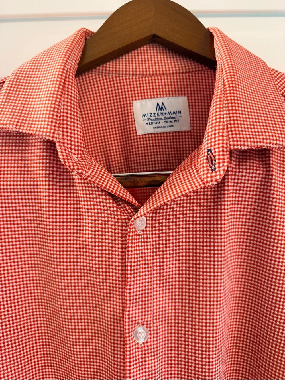 Mizzen+Main Men's Large Long Sleeve Red White Micro Check Knit Cutaway Shirt